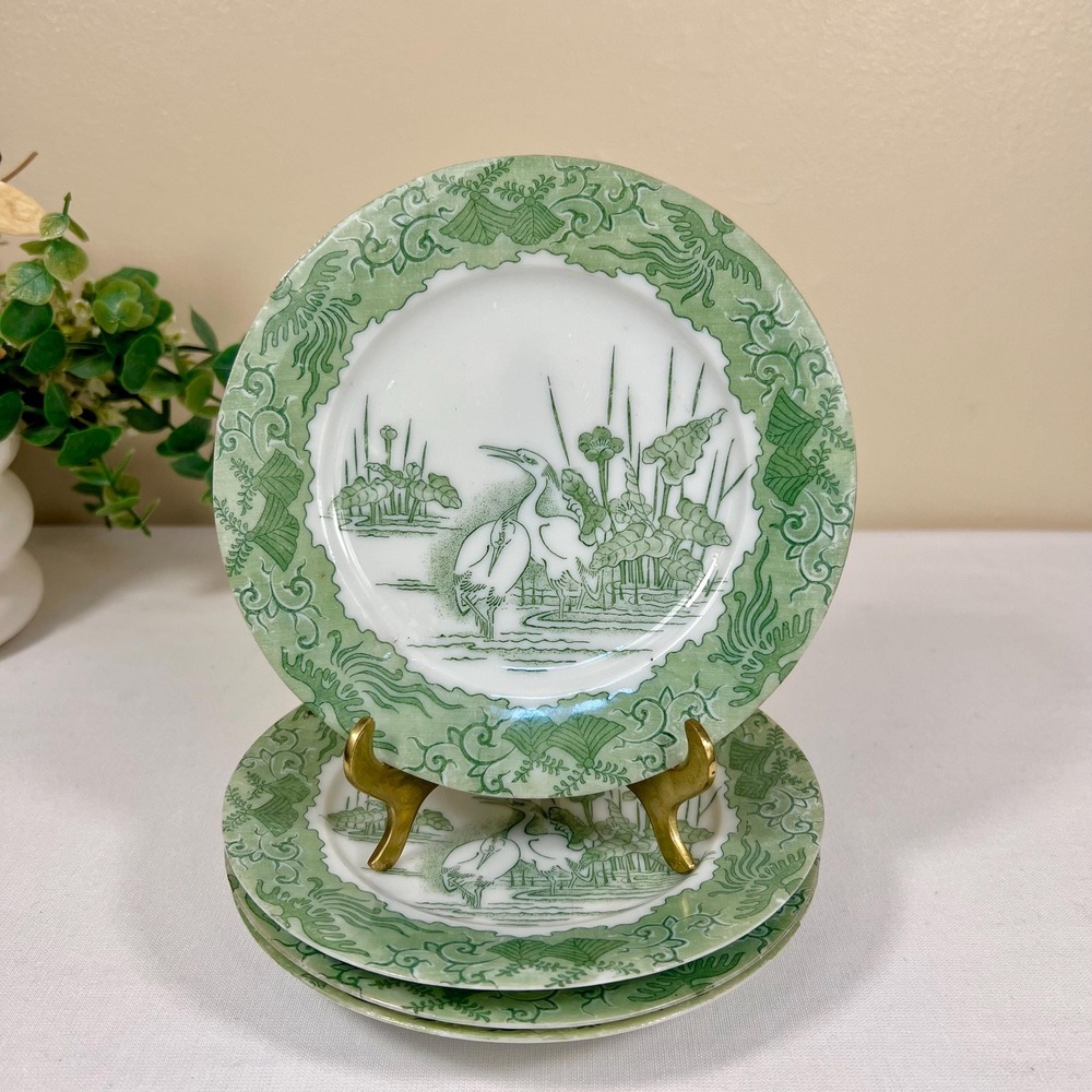 Vintage Oriental Green Porcelain Plates w/ Crane and Floral Design| Set of 4